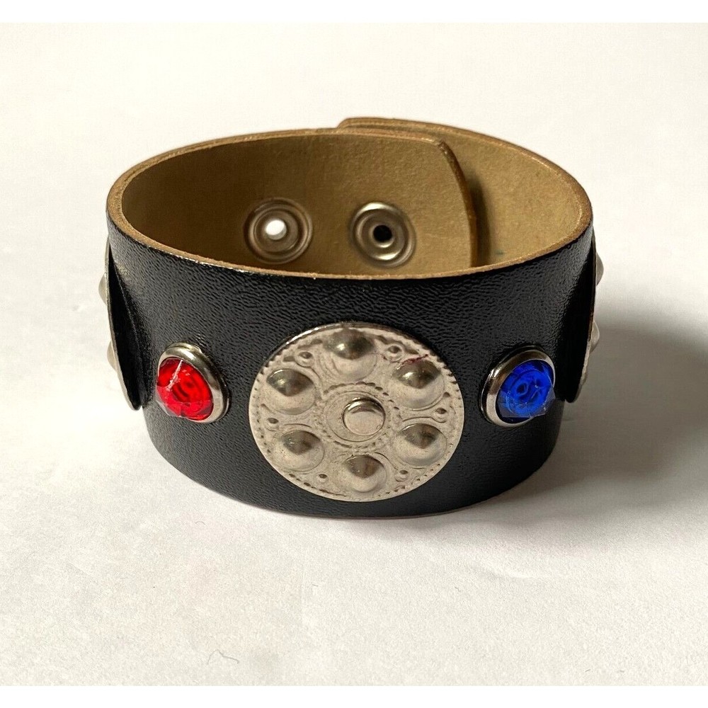Bracelet Leather Small Multicolor Vintage 1980s Plastic Gems Metal Accents - Picture 2 of 15